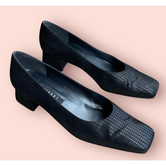 STUART WEITZMAN Black Lines Suede Vintage 90s Low Heel Pumps Square Toe Sz 9.5 - Picture 3 of 14